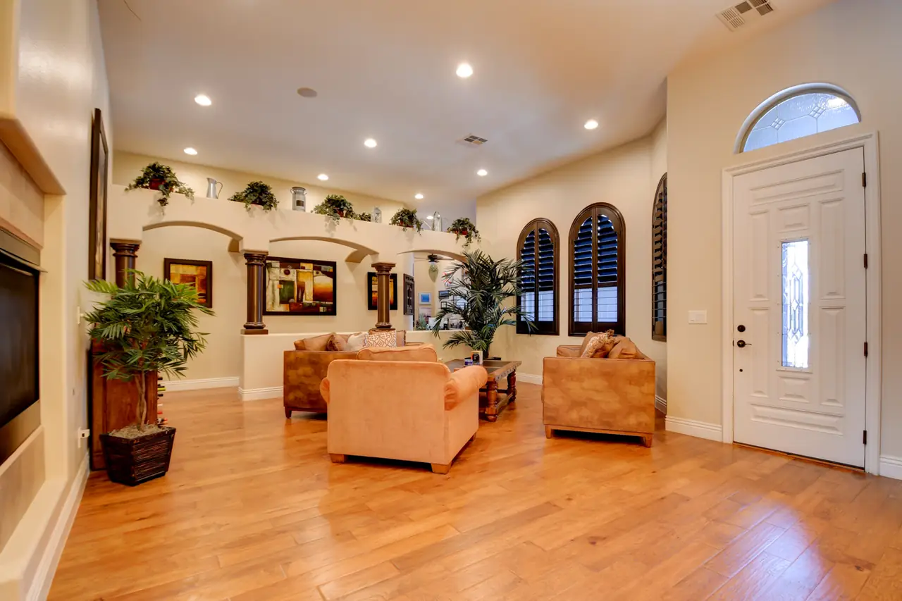 Entry foyer with an arched front door opening to the living room and hardwood floors
