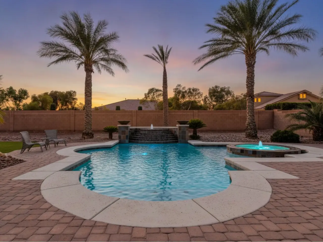 Pool and spa at twilight with palms silhouetted against the sky